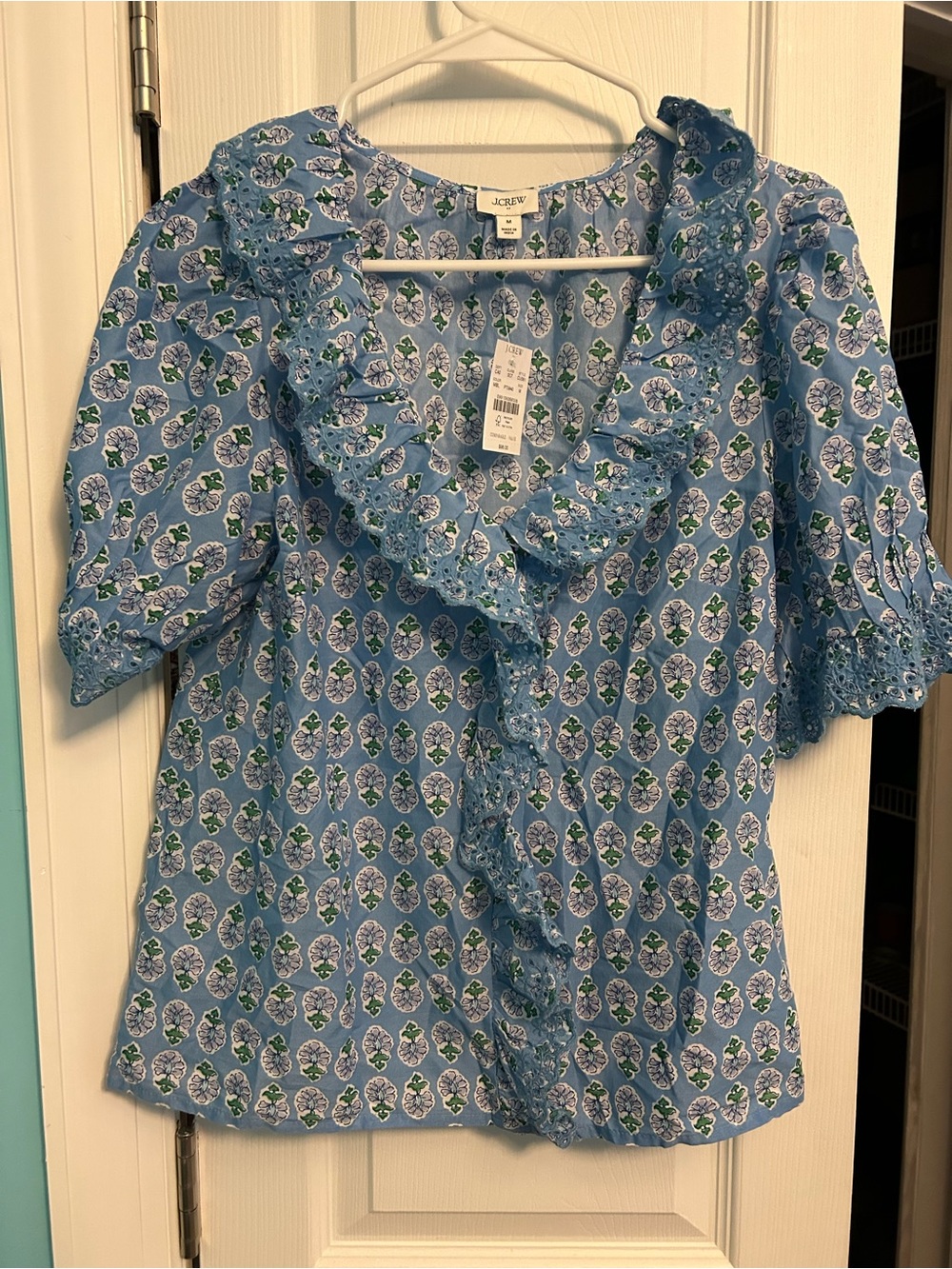 J. Crew Sky Blue Floral Ruffle Cotton Blouse